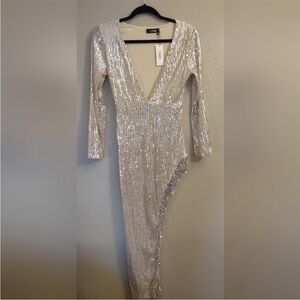 Gold Sequin Asymmetrical Fringe Gown Size Small
